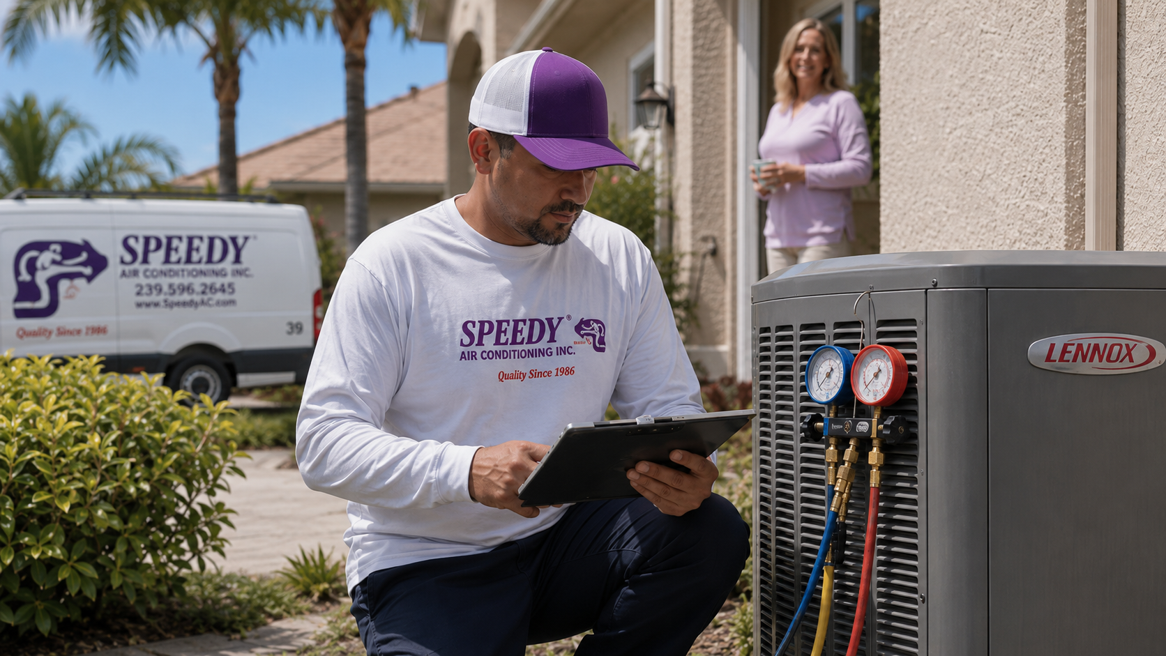 Speedy technician reviewing heat pump gauge readings on a tablet beside a Lennox outdoor unit.