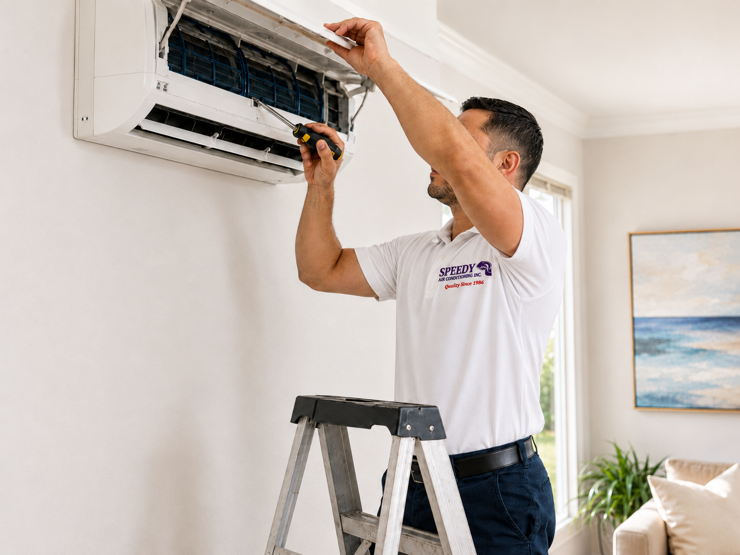 Speedy technician servicing a wall-mounted mini-split indoor head with a screwdriver in a bright Naples home.