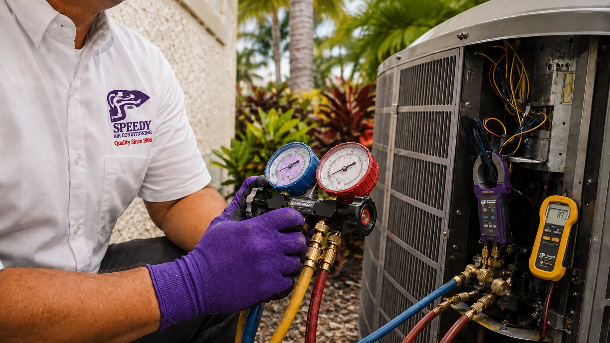 Speedy technician holding refrigerant gauges while servicing a heat pump outdoor unit.