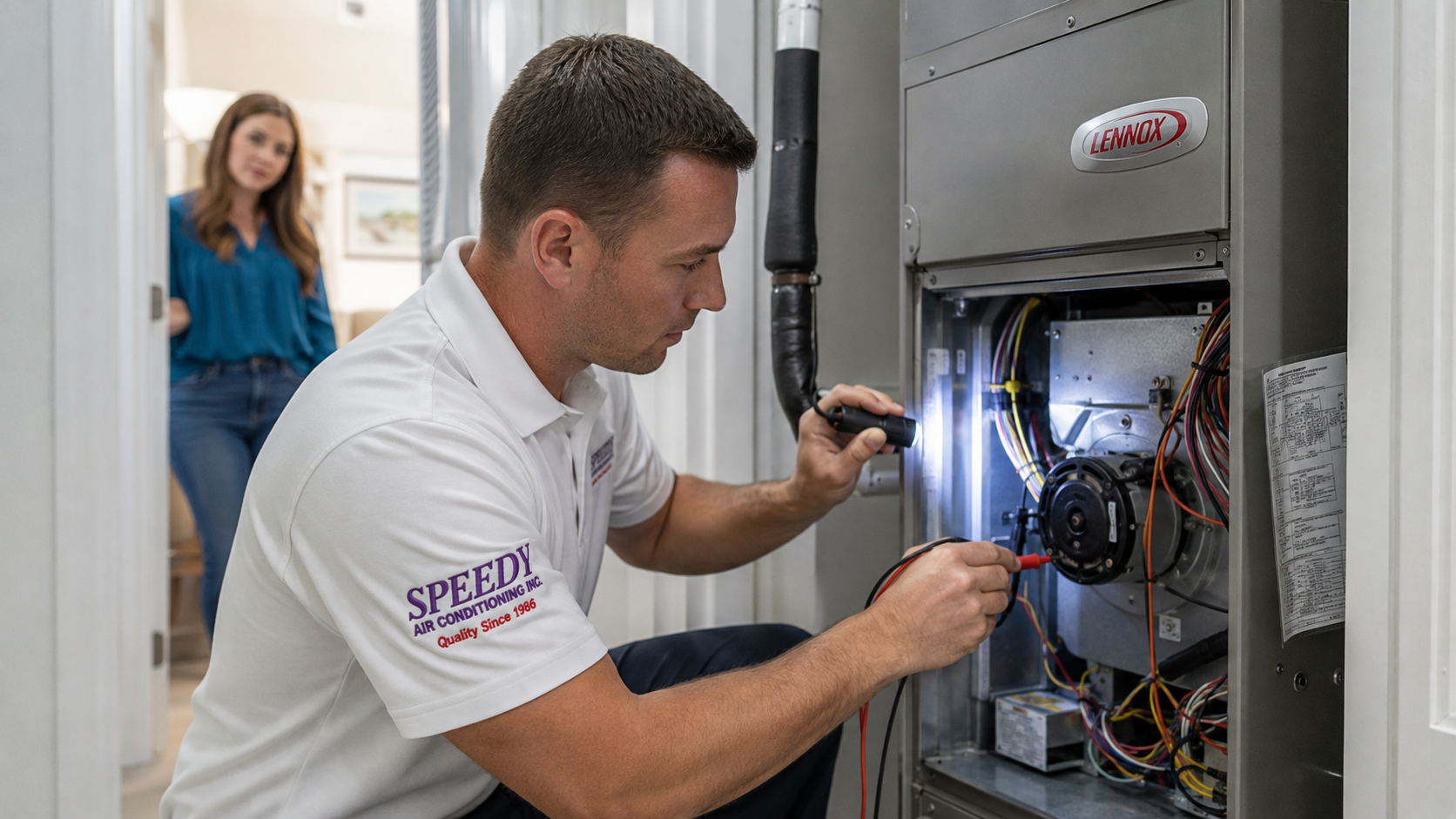Speedy technician diagnosing a Lennox furnace and air handler with a flashlight while a homeowner looks on.