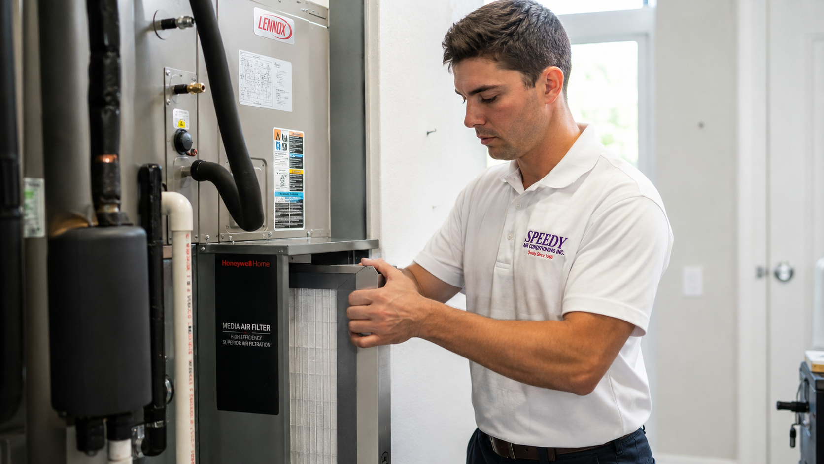 A Speedy technician installs a Honeywell Home media air filter cartridge in a Lennox indoor air handler.