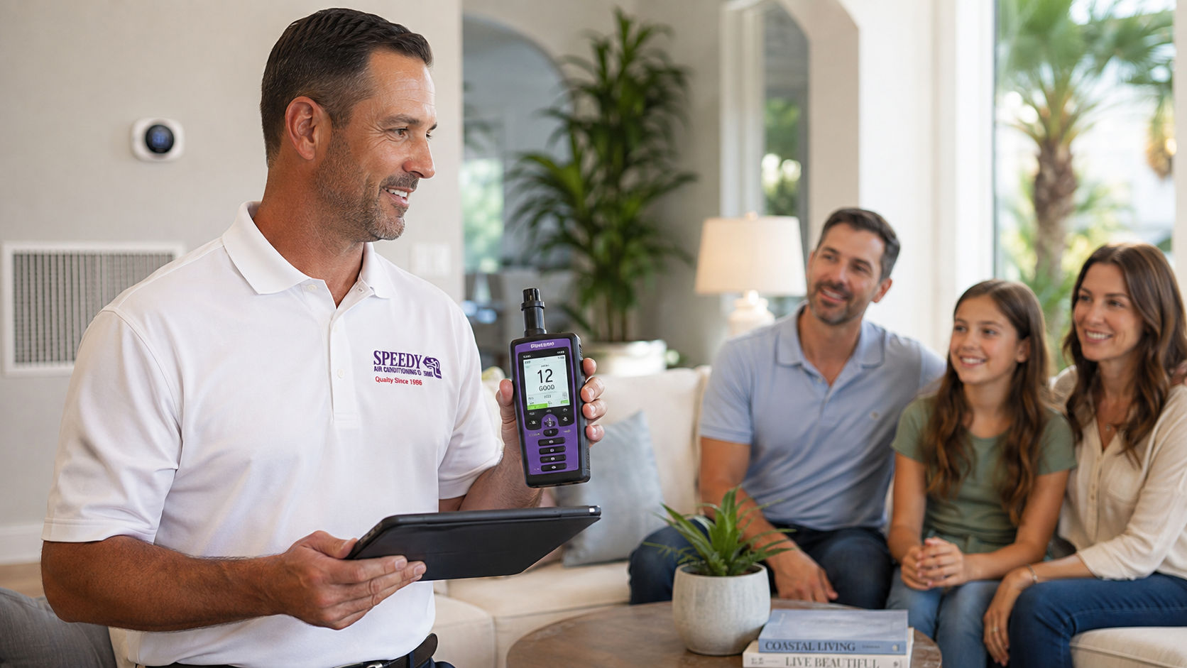 A Speedy technician reviews an indoor air quality monitor reading with a family in a bright Naples living room.