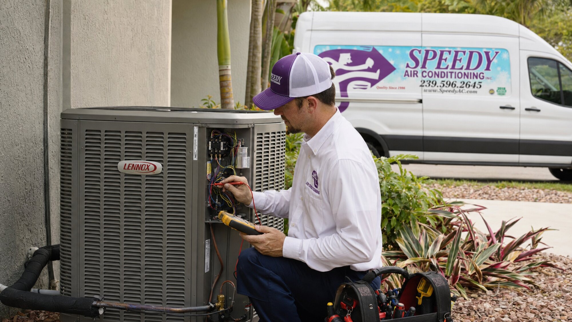 Speedy Air Conditioning technician testing electrical connections on a Lennox heat pump with the company van in the background.