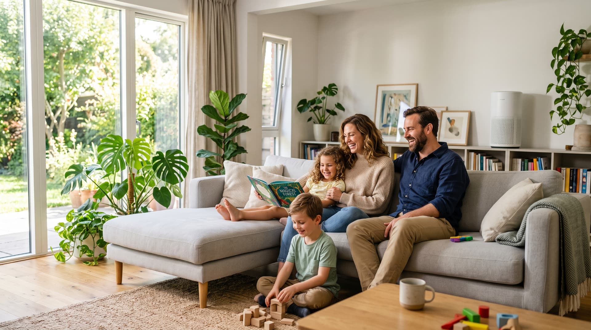A comfortable family relaxing in a cool, bright living room thanks to reliable air conditioning maintenance.