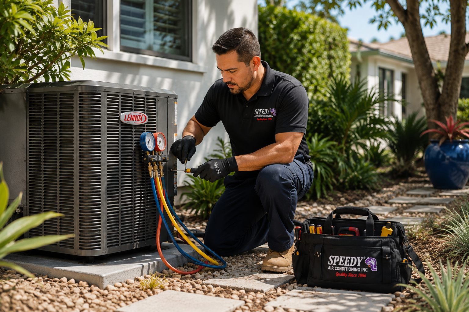 Speedy Air Conditioning technician checking refrigerant gauges on a Lennox AC unit during a maintenance visit.