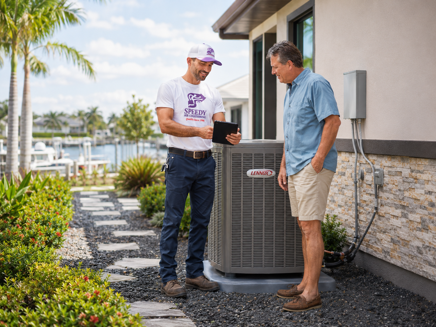 A Speedy technician walks a homeowner through a new Lennox heat pump installation on a tablet.