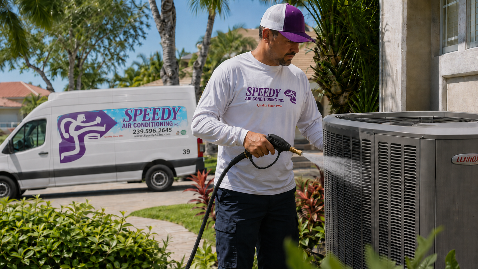 Speedy Air Conditioning technician rinsing the coils of a Lennox heat pump during a seasonal maintenance visit.