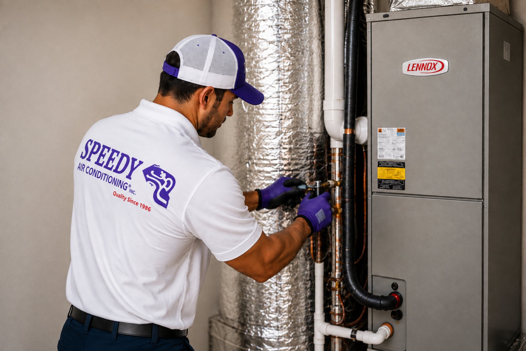 A Speedy technician connects refrigerant lines on a new Lennox indoor air handler during an installation.