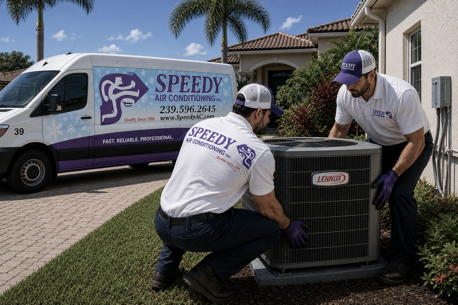 Two Speedy technicians install a Lennox air conditioner beside a branded Speedy van at a Naples home.