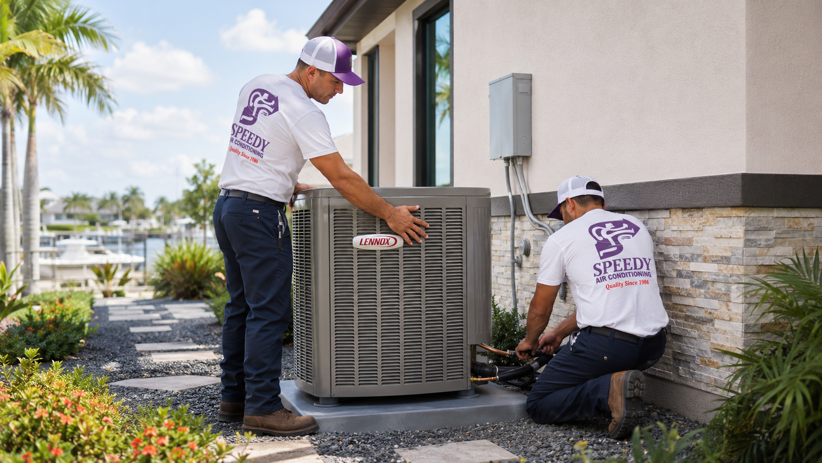 Two Speedy Air Conditioning technicians installing a Lennox heat pump outside a Naples home.